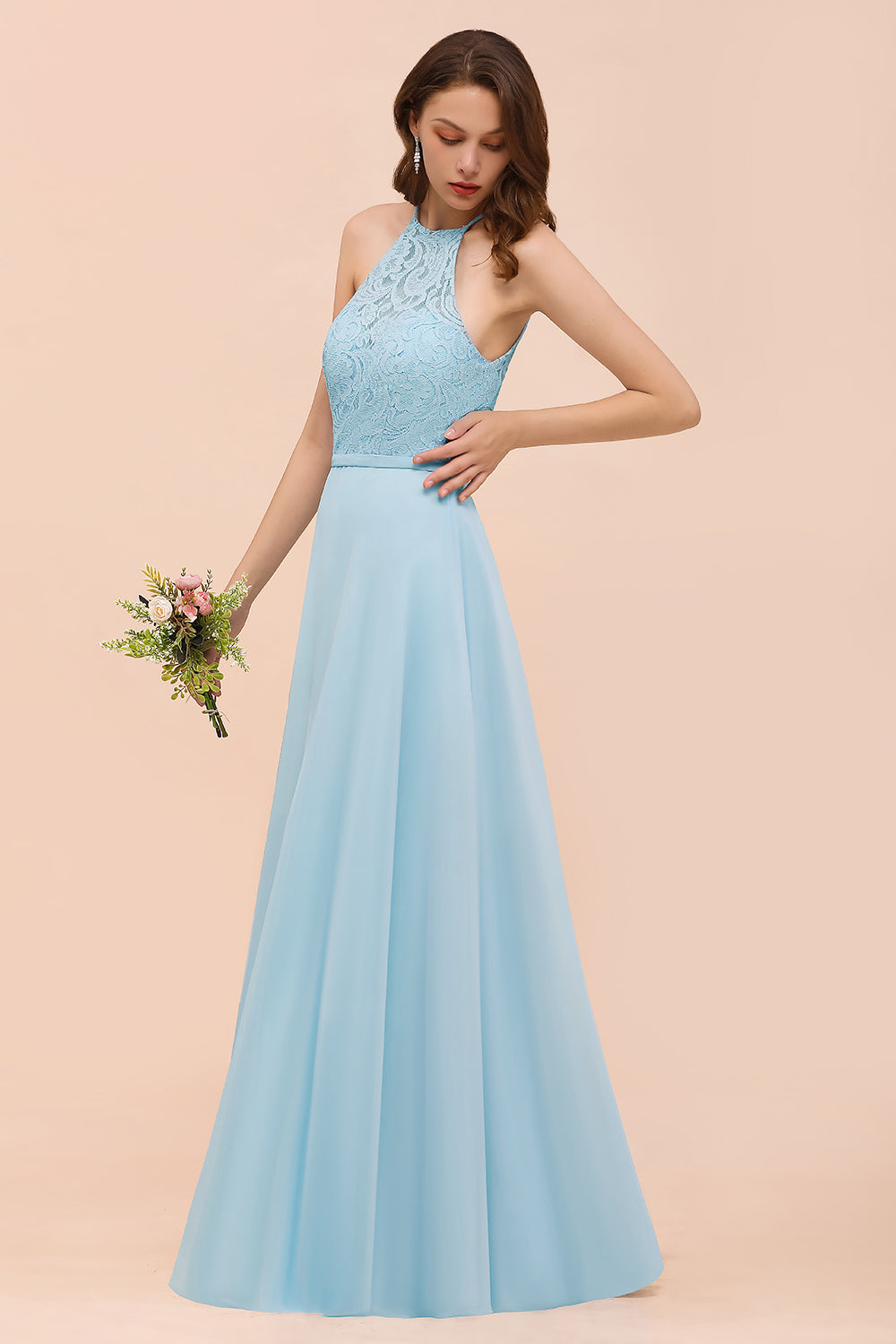 Sky Blue Halter Appliques Chiffon A-Line Bridesmaid Dress Sleeveless Party Dress
