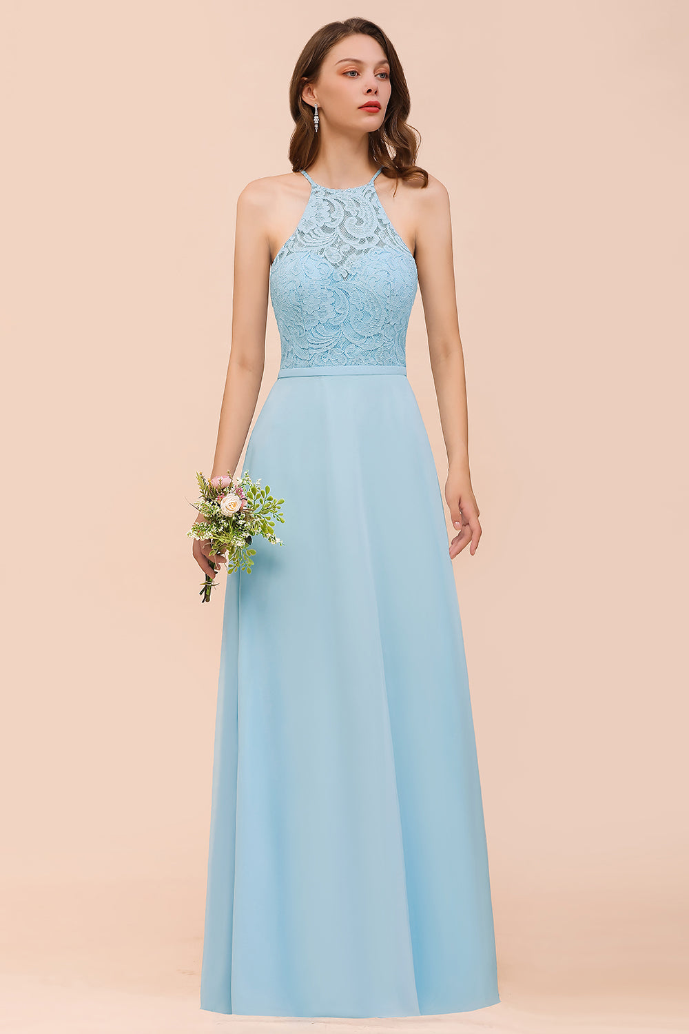 Sky Blue Halter Appliques Chiffon A-Line Bridesmaid Dress Sleeveless Party Dress