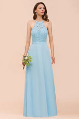 Sky Blue Halter Appliques Chiffon A-Line Bridesmaid Dress Sleeveless Party Dress