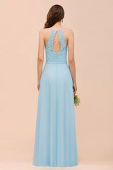 Sky Blue Halter Appliques Chiffon A-Line Bridesmaid Dress Sleeveless Party Dress