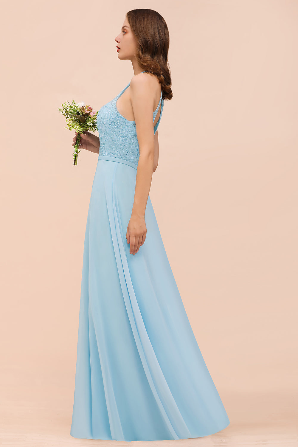 Sky Blue Halter Appliques Chiffon A-Line Bridesmaid Dress Sleeveless Party Dress