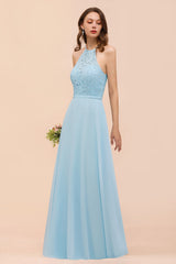 Sky Blue Halter Appliques Chiffon A-Line Bridesmaid Dress Sleeveless Party Dress