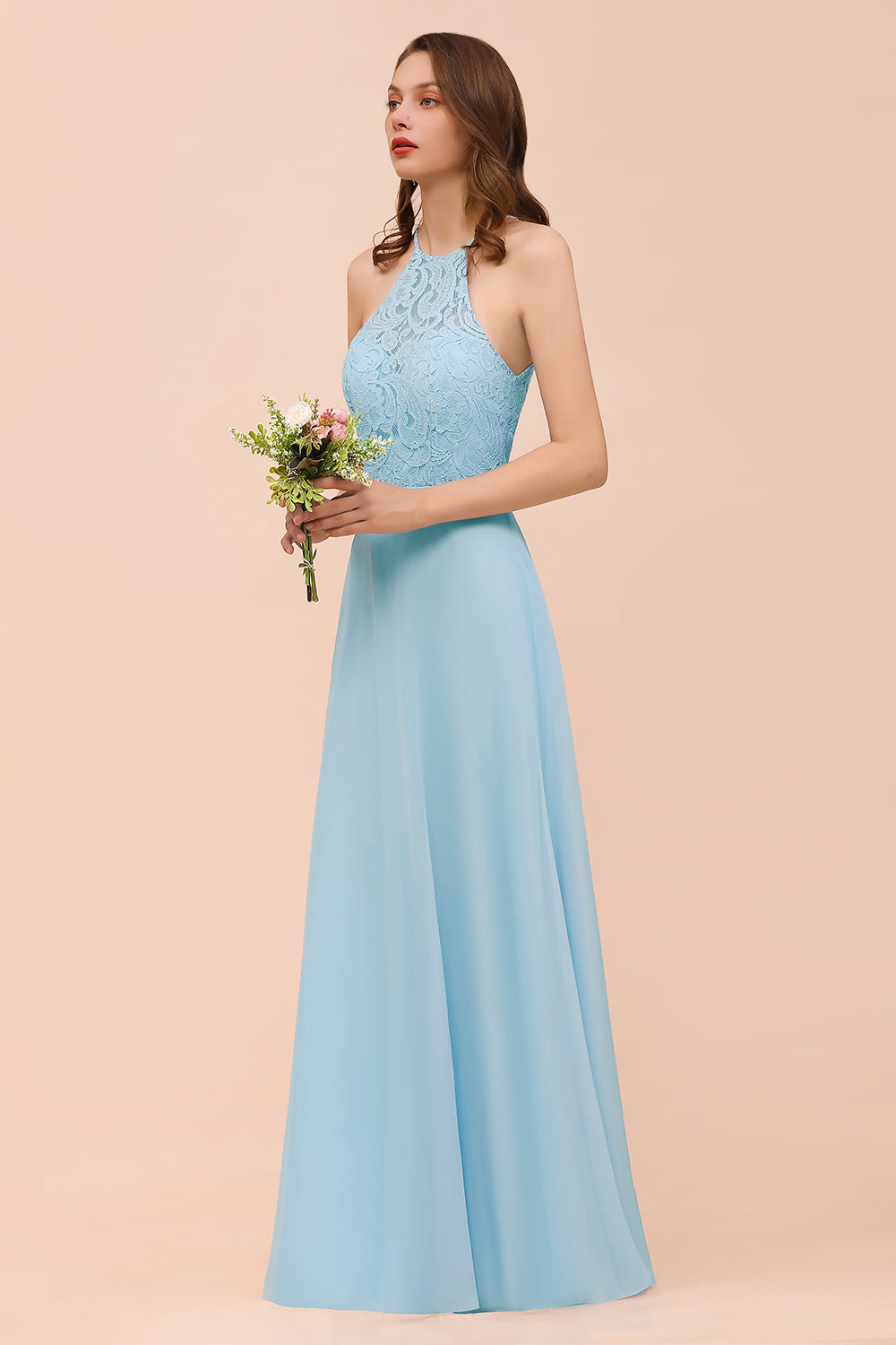 Sky Blue Halter Appliques Chiffon A-Line Bridesmaid Dress Sleeveless Party Dress