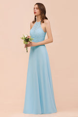 Sky Blue Halter Appliques Chiffon A-Line Bridesmaid Dress Sleeveless Party Dress
