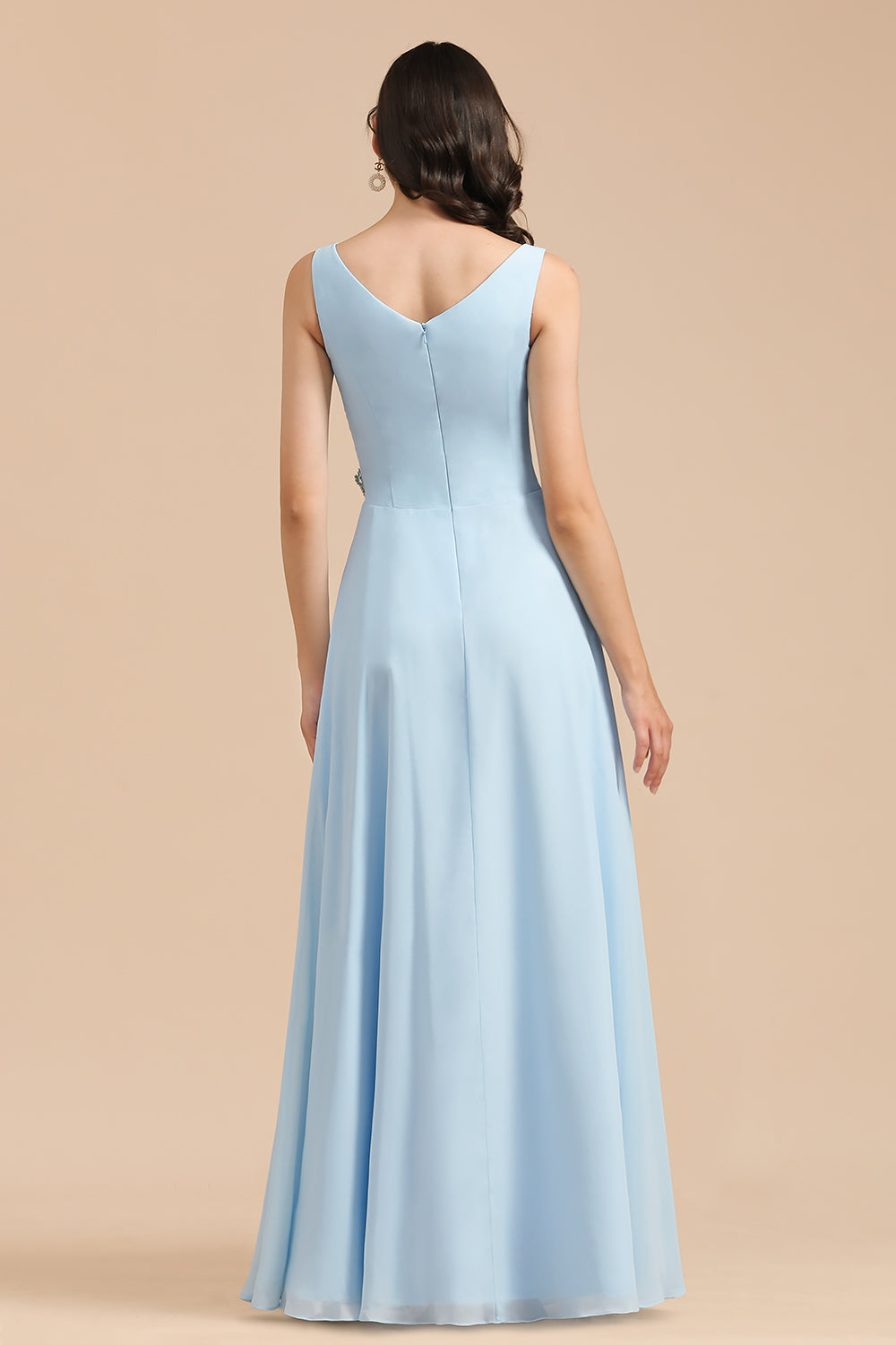 Sky Blue Ruffles Straps A-line Beads Long Bridesmaid Dress