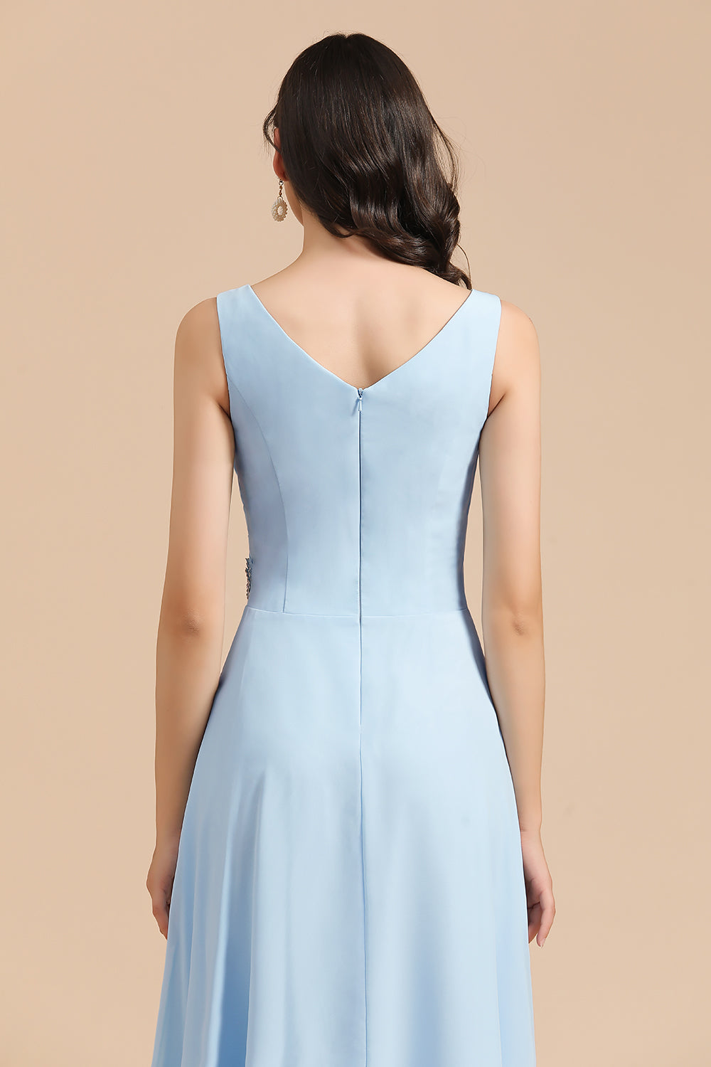 Sky Blue Ruffles Straps A-line Beads Long Bridesmaid Dress