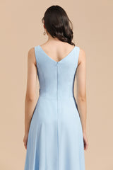 Sky Blue Ruffles Straps A-line Beads Long Bridesmaid Dress
