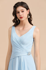 Sky Blue Ruffles Straps A-line Beads Long Bridesmaid Dress