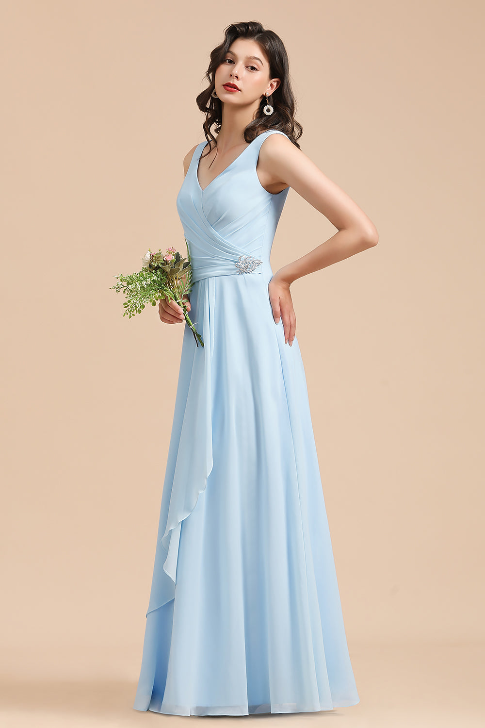 Sky Blue Ruffles Straps A-line Beads Long Bridesmaid Dress