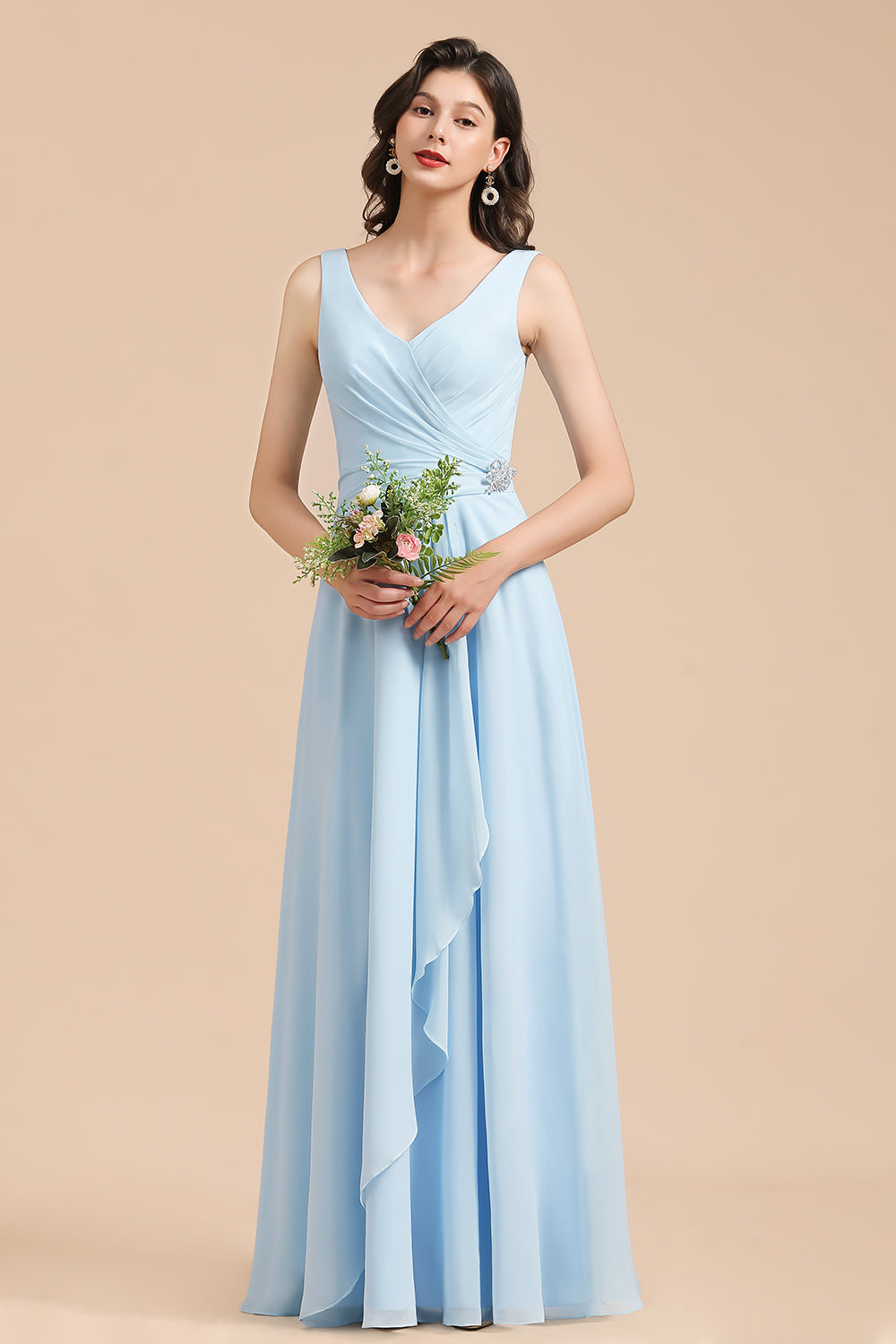 Sky Blue Ruffles Straps A-line Beads Long Bridesmaid Dress