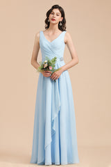 Sky Blue Ruffles Straps A-line Beads Long Bridesmaid Dress