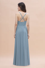 Spaghetti Straps Chiffon Bridesmaid Dress A-Line Evening Dress With Side Slit