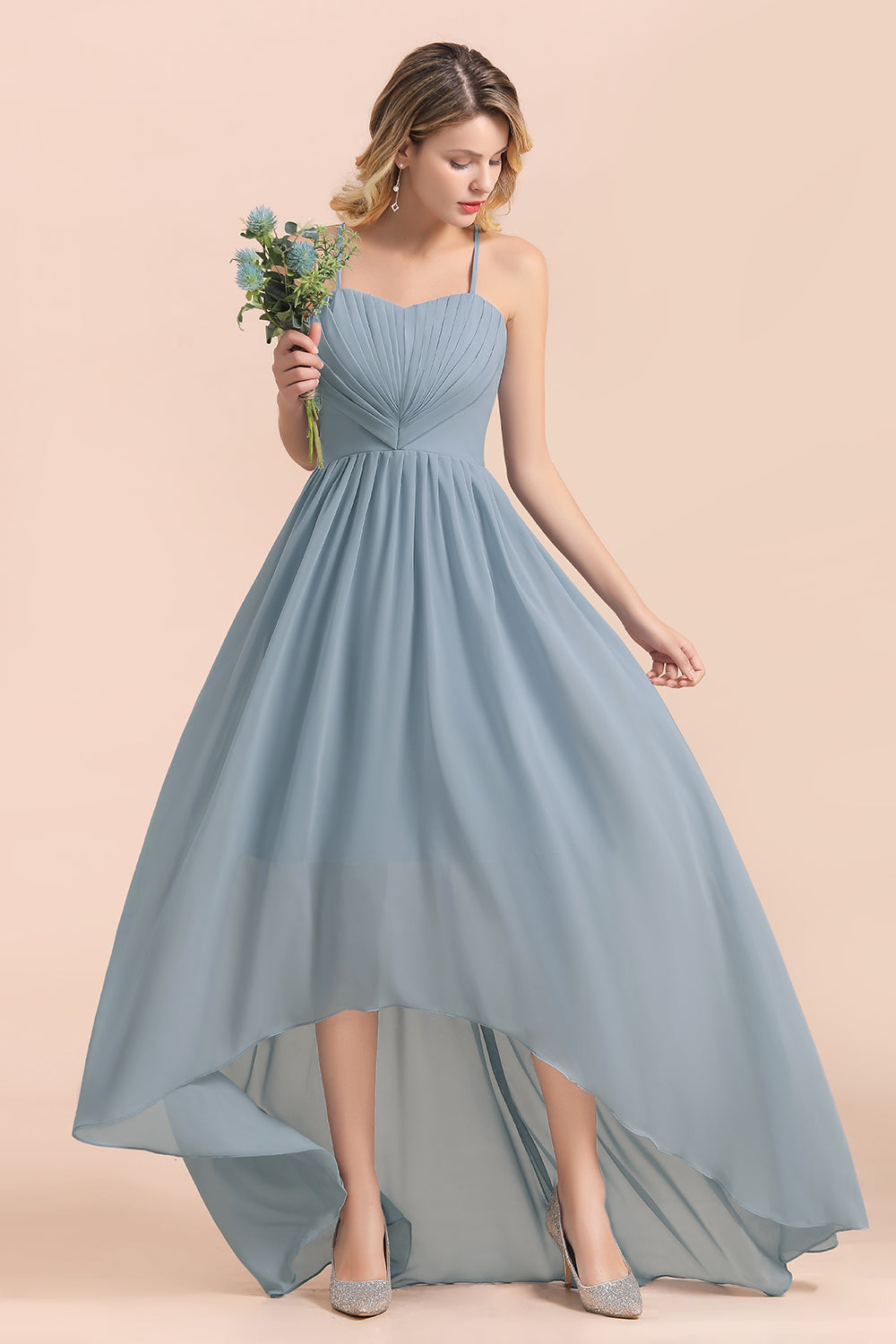 Spaghetti Straps Sweetheart Soft Chiffon High Low A-Line Bridesmaid Dress