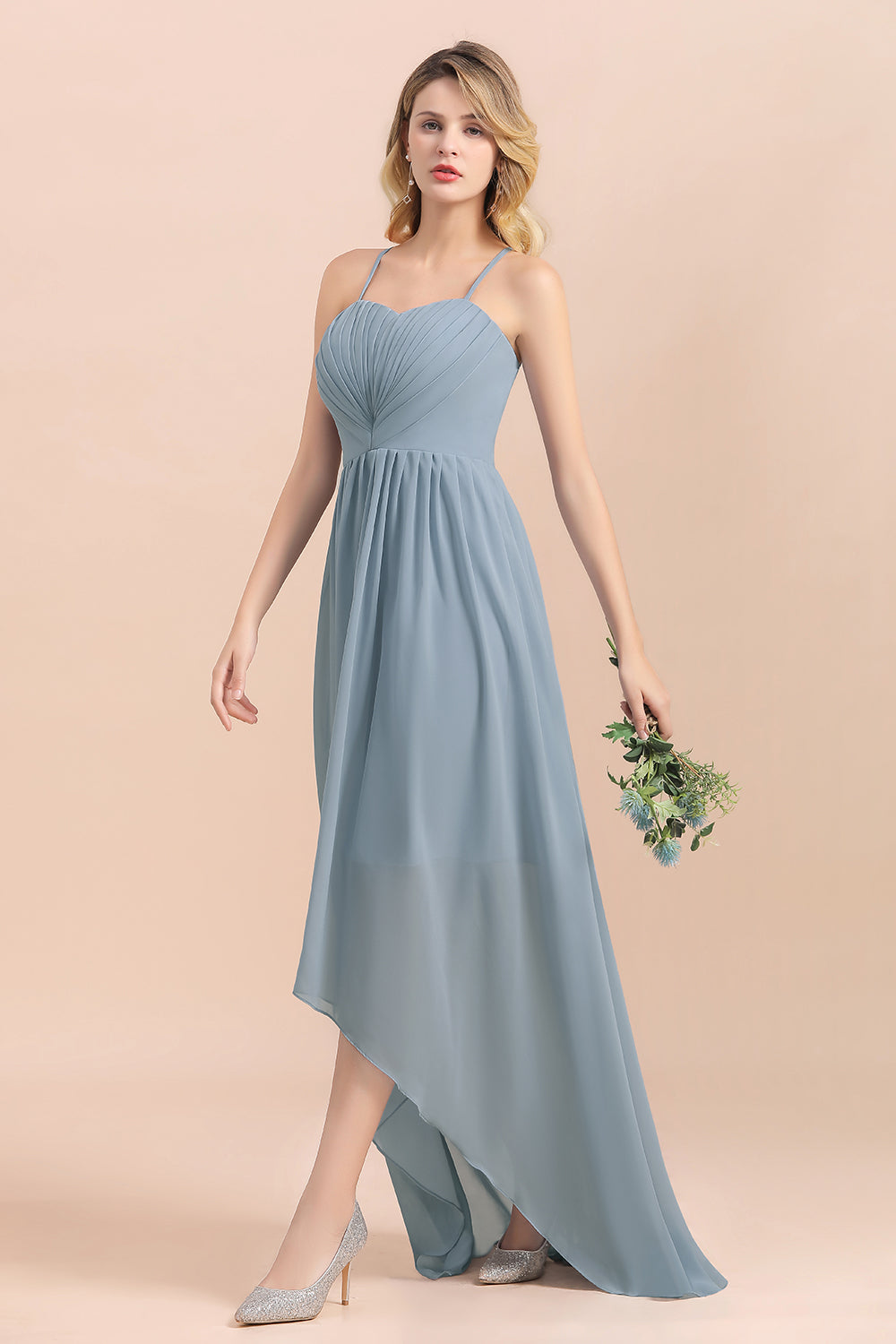 Spaghetti Straps Sweetheart Soft Chiffon High Low A-Line Bridesmaid Dress