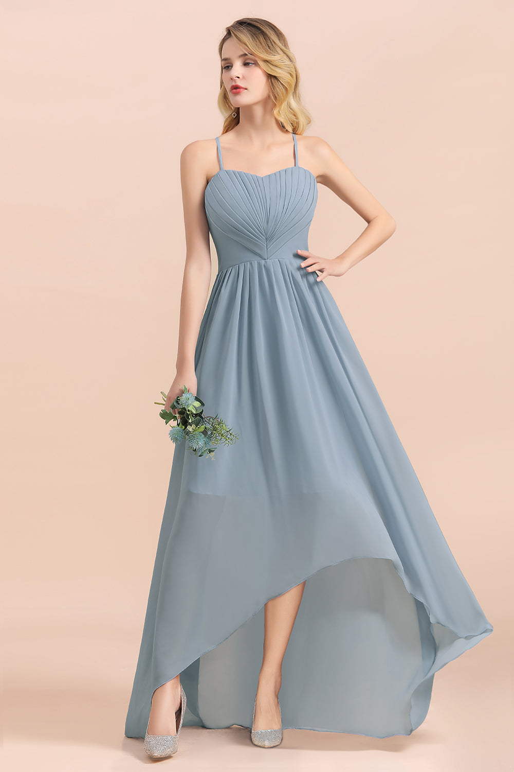 Spaghetti Straps Sweetheart Soft Chiffon High Low A-Line Bridesmaid Dress