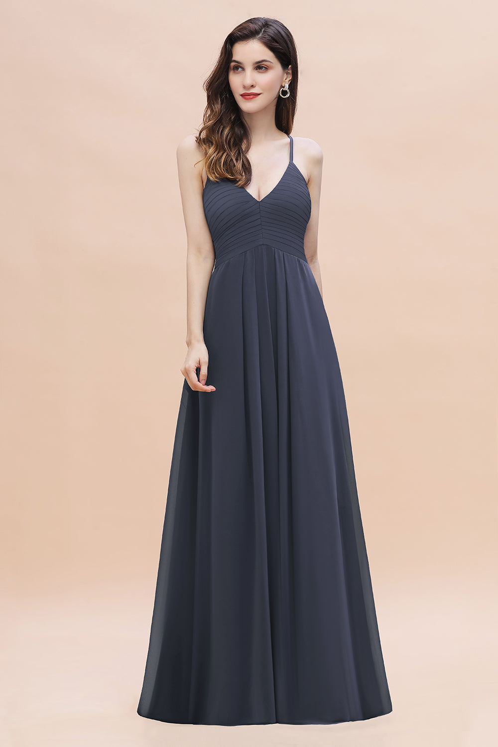 Spaghetti Straps V-Neck Bridesmaid Dress A-Line Chiffon Evening Dress With Pockets