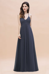Spaghetti Straps V-Neck Bridesmaid Dress A-Line Chiffon Evening Dress With Pockets