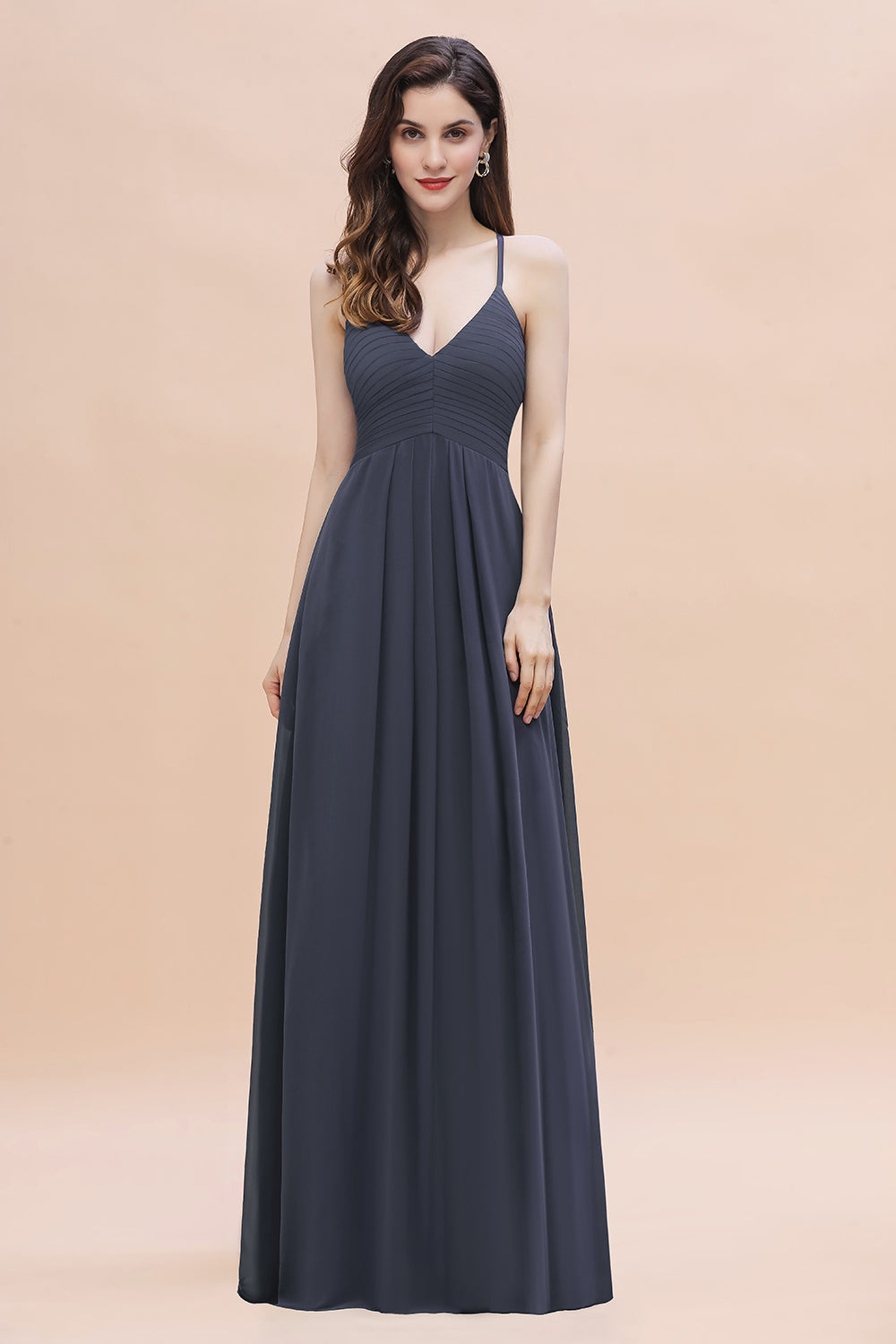 Spaghetti Straps V-Neck Bridesmaid Dress A-Line Chiffon Evening Dress With Pockets