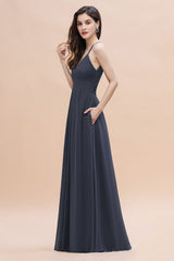 Spaghetti Straps V-Neck Bridesmaid Dress A-Line Chiffon Evening Dress With Pockets