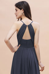 Spaghetti Straps V-Neck Bridesmaid Dress A-Line Chiffon Evening Dress With Pockets