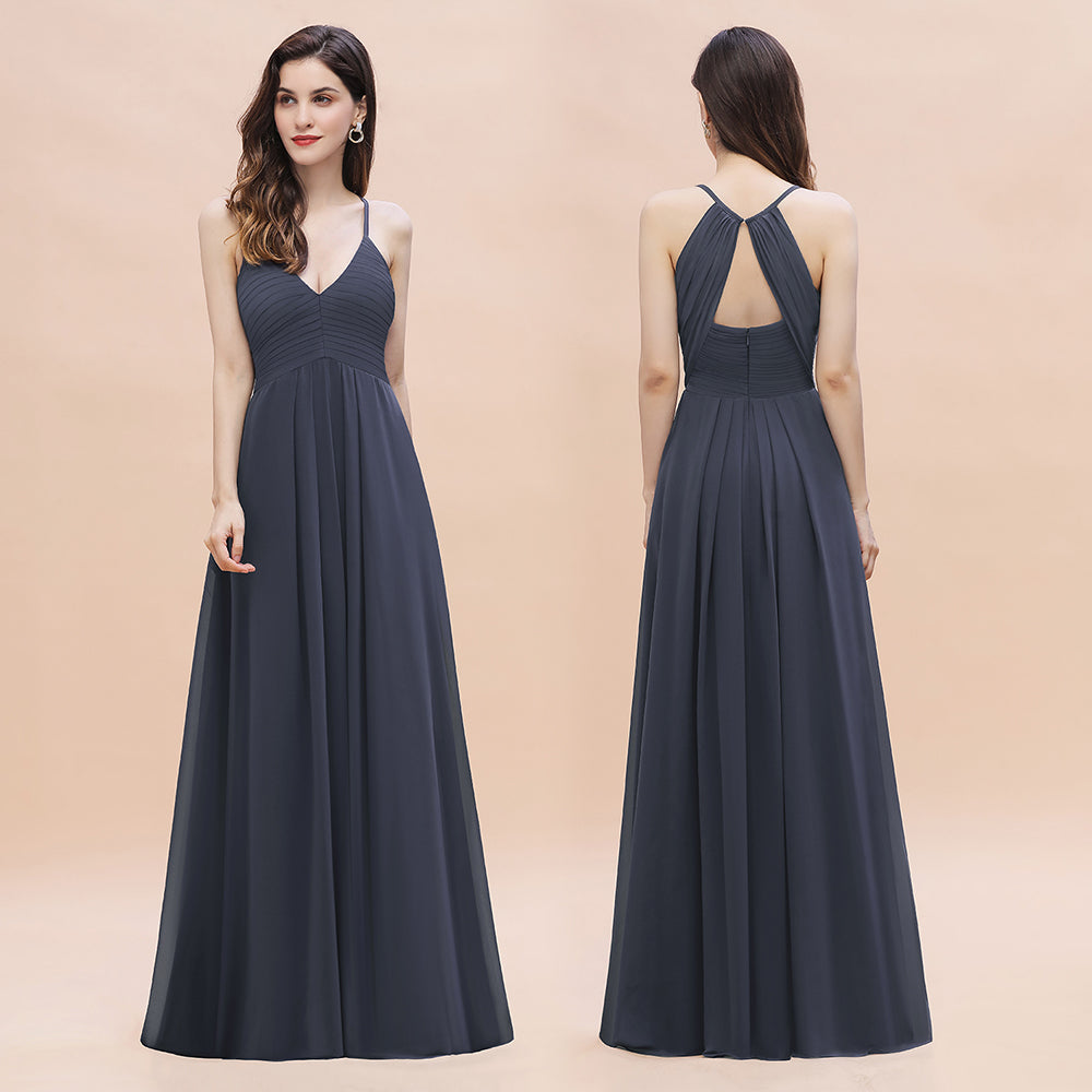 Spaghetti Straps V-Neck Bridesmaid Dress A-Line Chiffon Evening Dress With Pockets