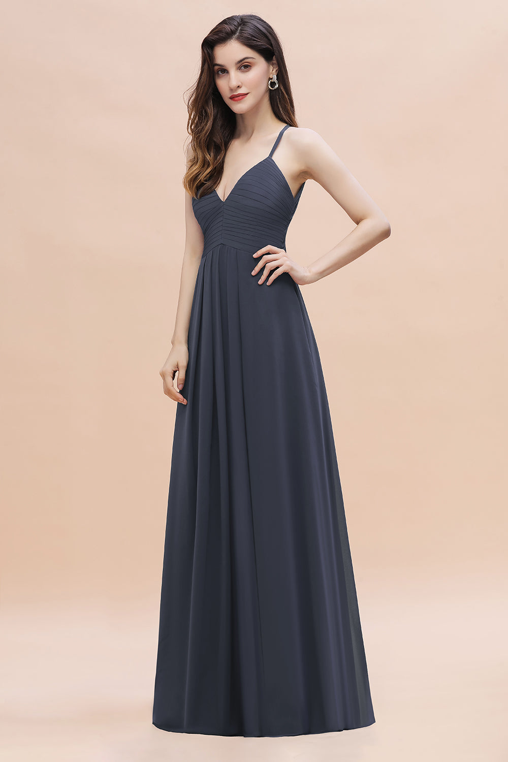 Spaghetti Straps V-Neck Bridesmaid Dress A-Line Chiffon Evening Dress With Pockets