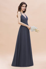 Spaghetti Straps V-Neck Bridesmaid Dress A-Line Chiffon Evening Dress With Pockets