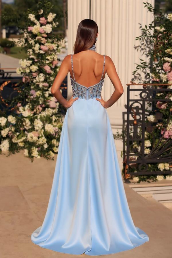Spaghetti Straps V Neck Mermaid Satin Long Prom Dress with Beadings