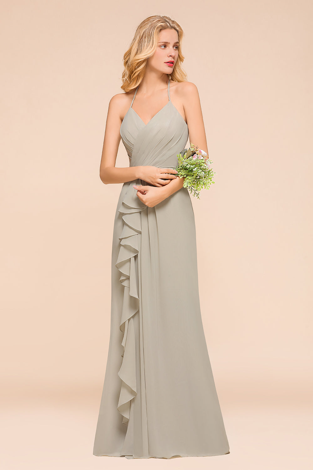 Stunning Halter V-neck Chiffon A-line Floor Length Bridesmaid Dress With Ruffles Embellishment