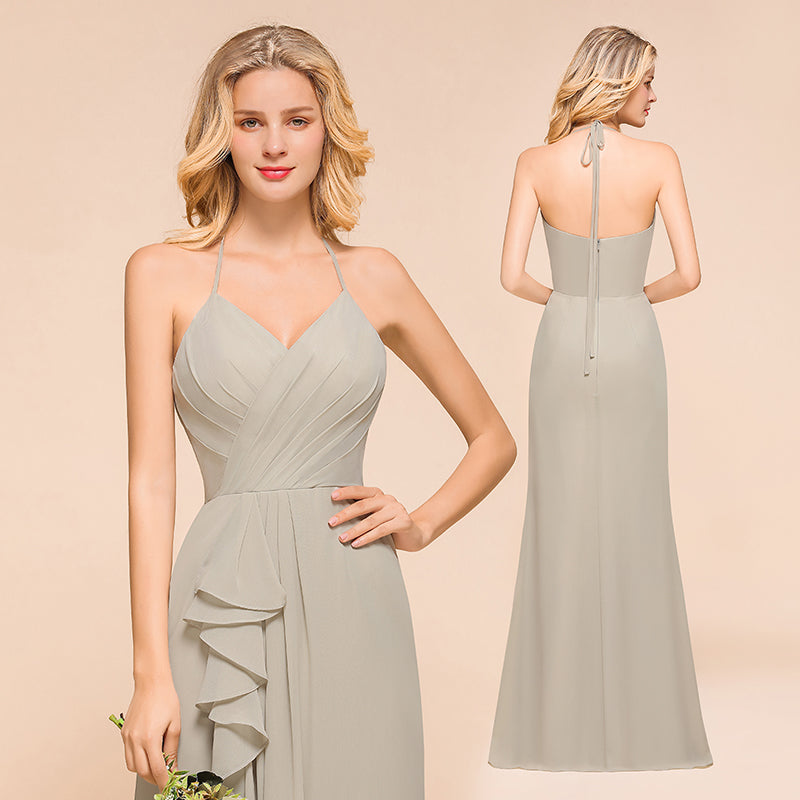 Stunning Halter V-neck Chiffon A-line Floor Length Bridesmaid Dress With Ruffles Embellishment