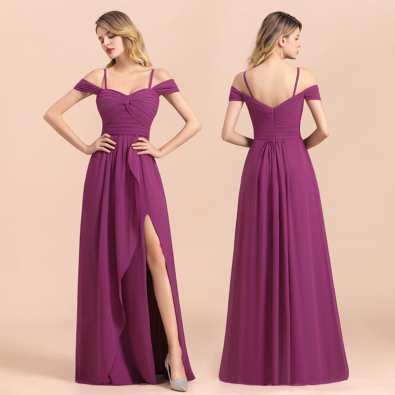 Stunning Off the Shoulder A-Line Chiffon Spaghetti Straps Bridesmaid Dress With Side Slit