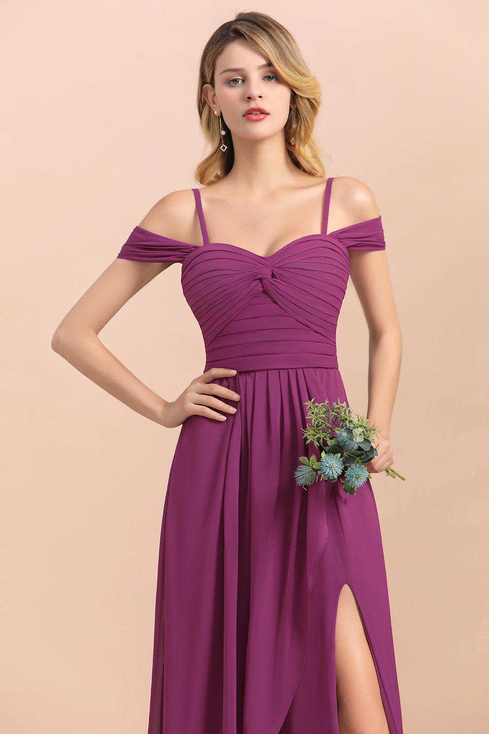 Stunning Off the Shoulder A-Line Chiffon Spaghetti Straps Bridesmaid Dress With Side Slit