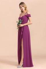 Stunning Off the Shoulder A-Line Chiffon Spaghetti Straps Bridesmaid Dress With Side Slit