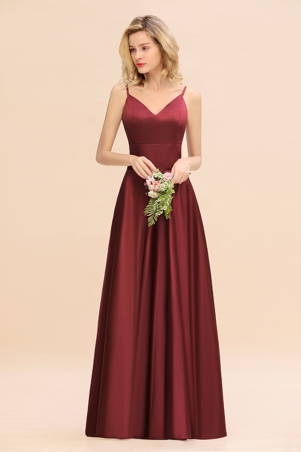 Stunning Spaghetti Straps A-Line V-neck Floor Length Ruched Satin Bridesmaid Dress