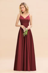 Stunning Spaghetti Straps A-Line V-neck Floor Length Ruched Satin Bridesmaid Dress