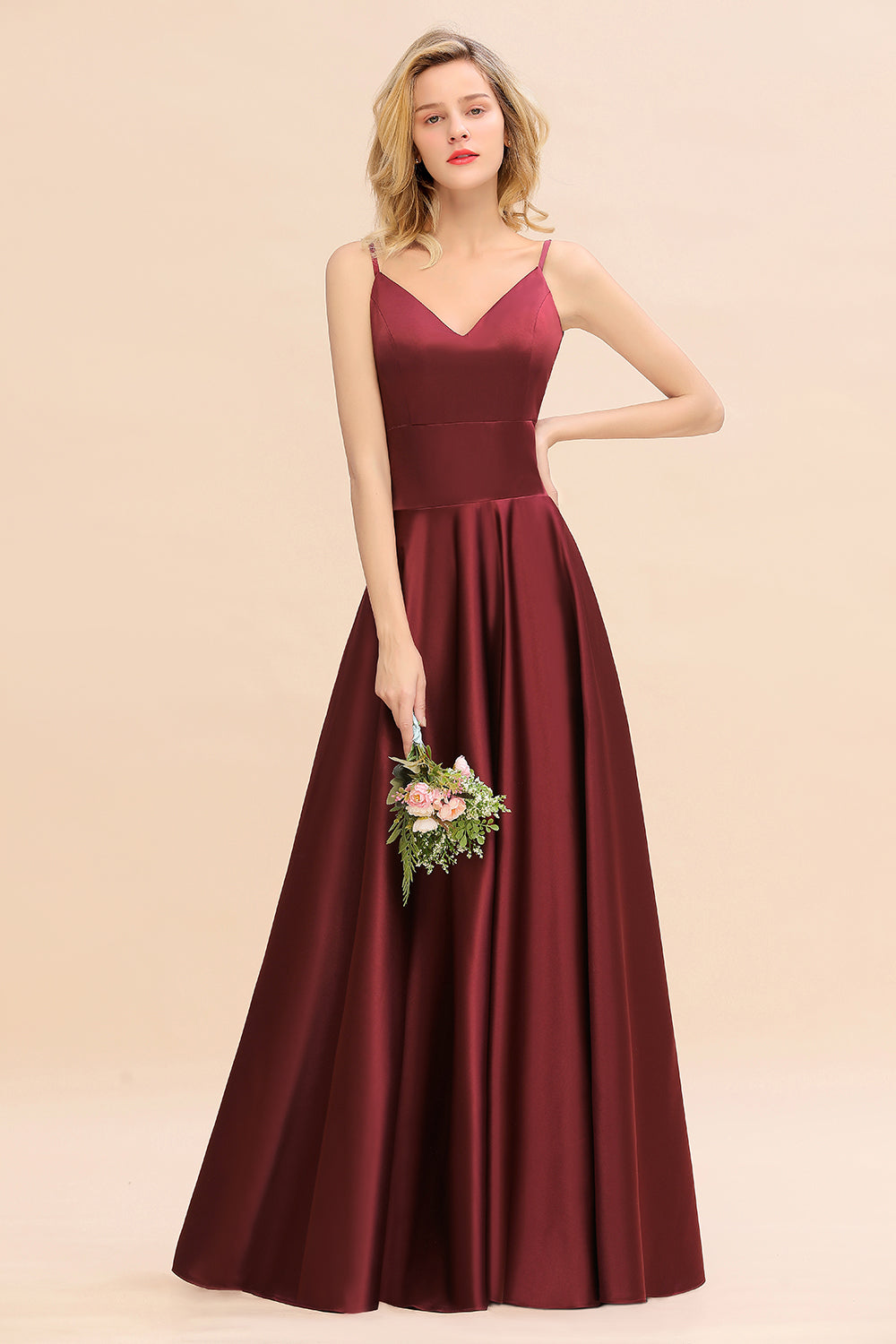Stunning Spaghetti Straps A-Line V-neck Floor Length Ruched Satin Bridesmaid Dress