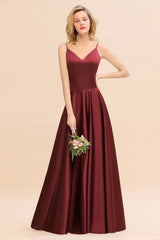 Stunning Spaghetti Straps A-Line V-neck Floor Length Ruched Satin Bridesmaid Dress
