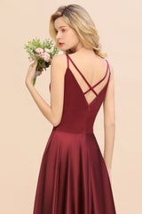 Stunning Spaghetti Straps A-Line V-neck Floor Length Ruched Satin Bridesmaid Dress