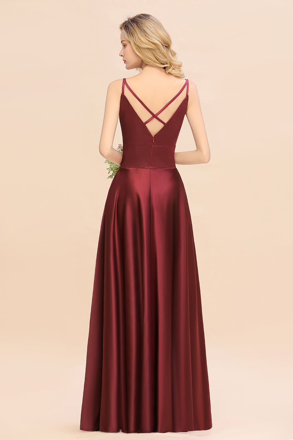 Stunning Spaghetti Straps A-Line V-neck Floor Length Ruched Satin Bridesmaid Dress