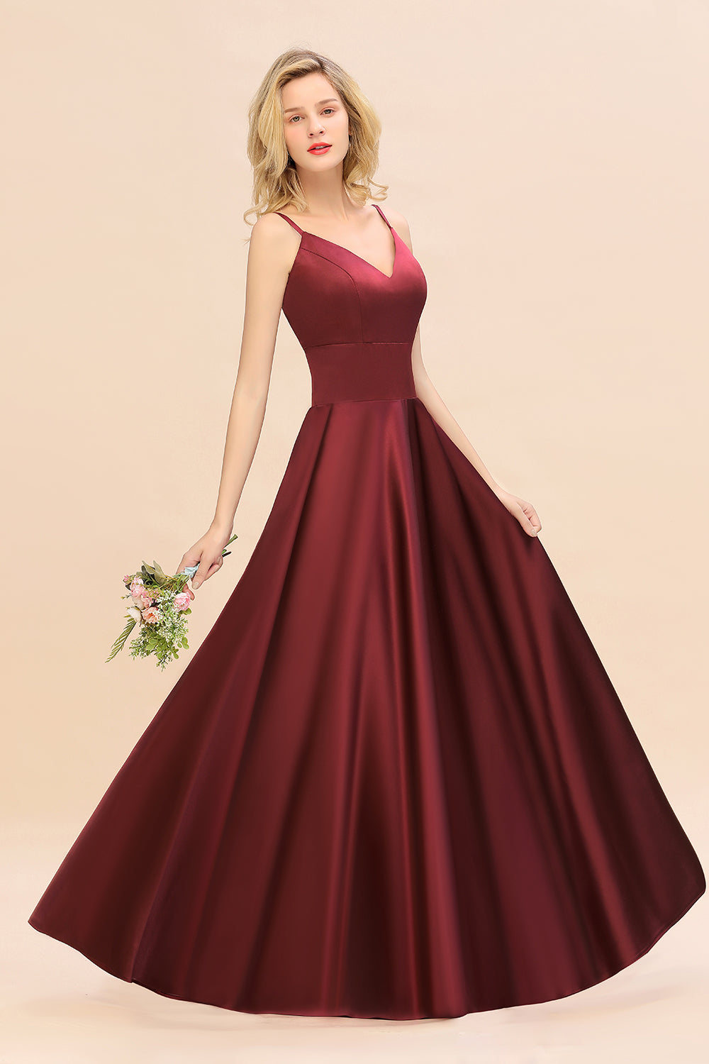Stunning Spaghetti Straps A-Line V-neck Floor Length Ruched Satin Bridesmaid Dress