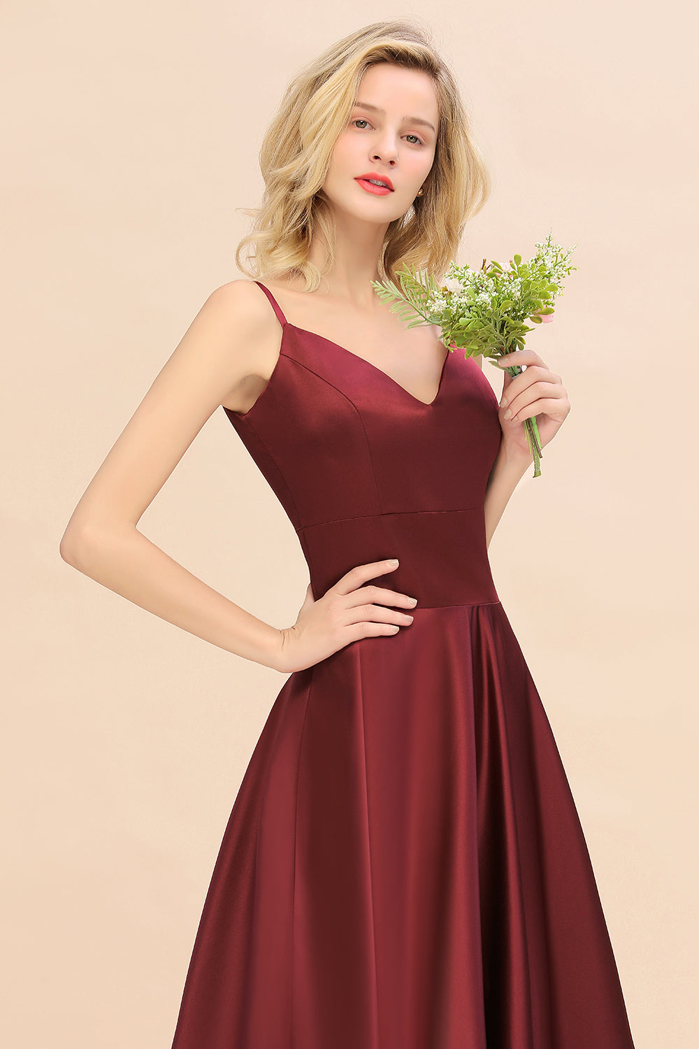 Stunning Spaghetti Straps A-Line V-neck Floor Length Ruched Satin Bridesmaid Dress