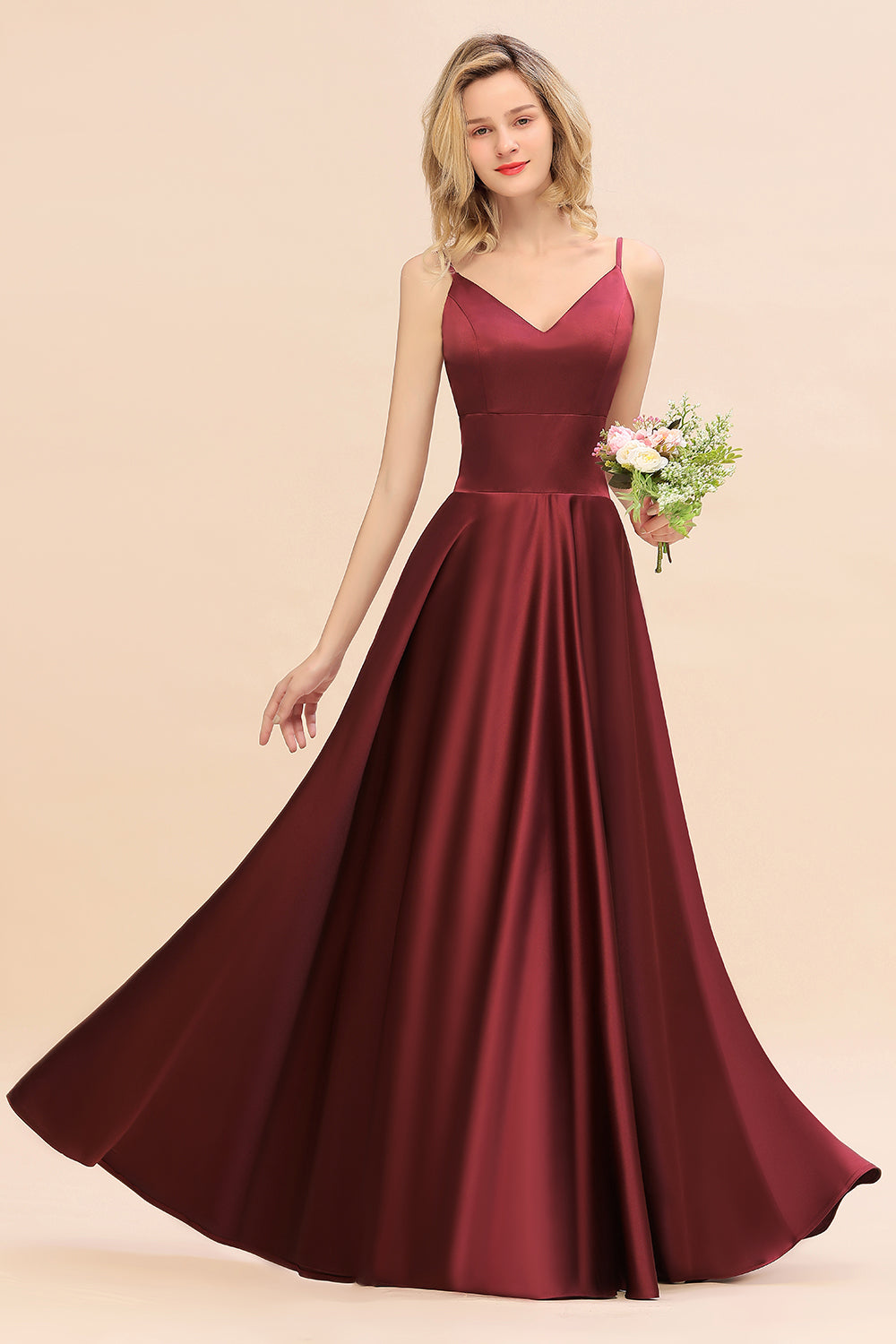 Stunning Spaghetti Straps A-Line V-neck Floor Length Ruched Satin Bridesmaid Dress