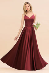 Stunning Spaghetti Straps A-Line V-neck Floor Length Ruched Satin Bridesmaid Dress