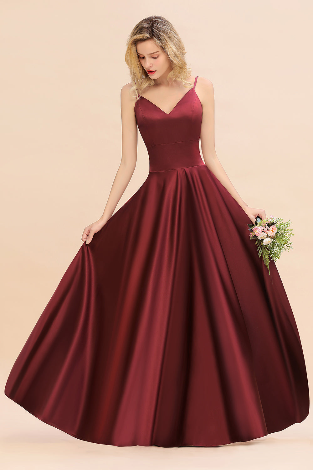 Stunning Spaghetti Straps A-Line V-neck Floor Length Ruched Satin Bridesmaid Dress
