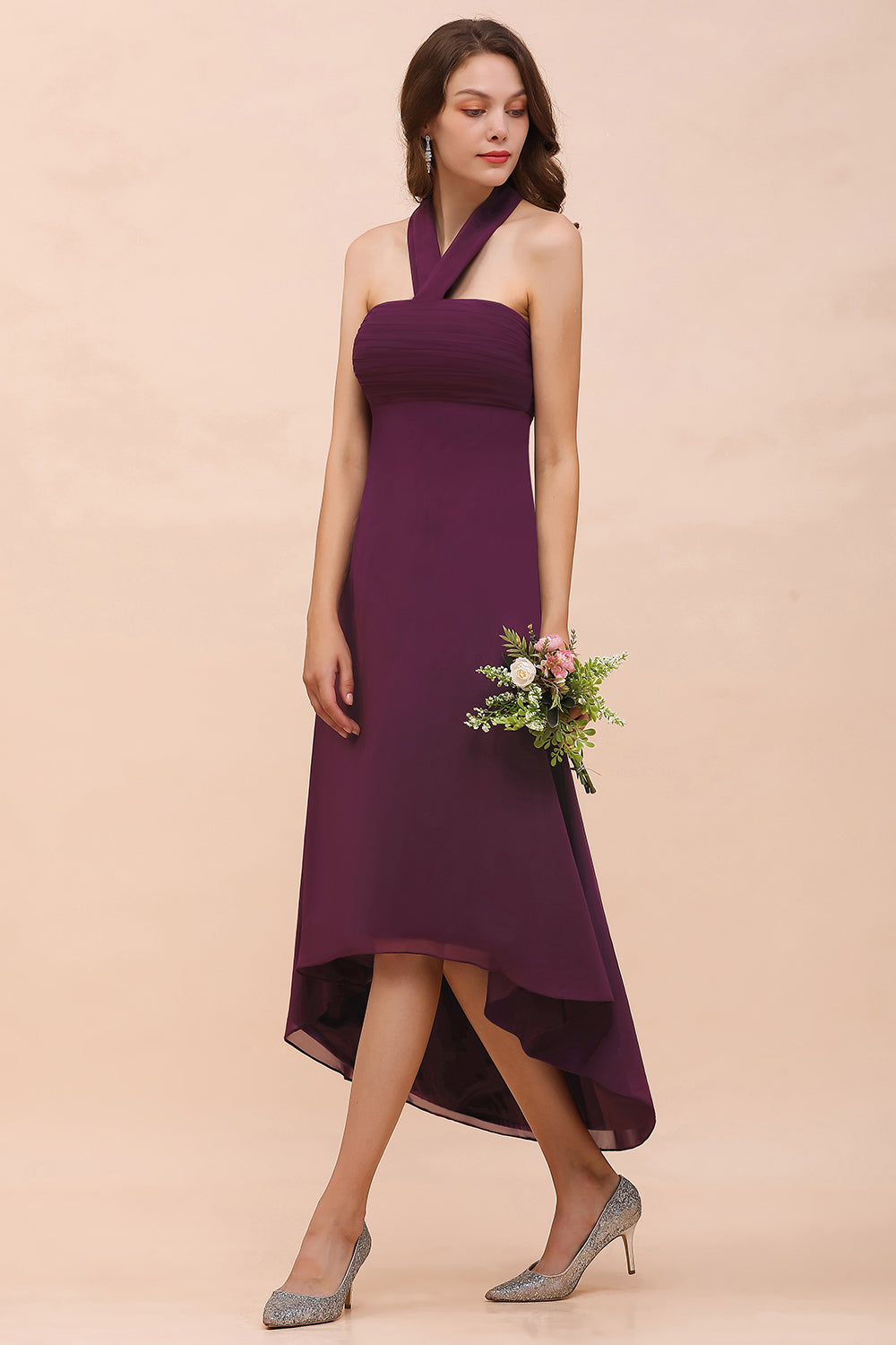 Stylish High Low A-line Halter Chiffon Grape Bridesmaid Dress