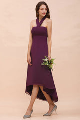 Stylish High Low A-line Halter Chiffon Grape Bridesmaid Dress