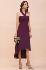 Stylish High Low A-line Halter Chiffon Grape Bridesmaid Dress