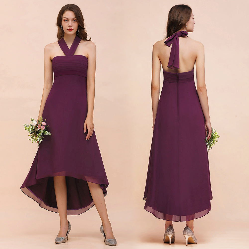 Stylish High Low A-line Halter Chiffon Grape Bridesmaid Dress