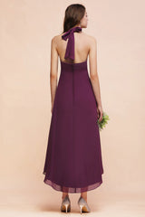 Stylish High Low A-line Halter Chiffon Grape Bridesmaid Dress