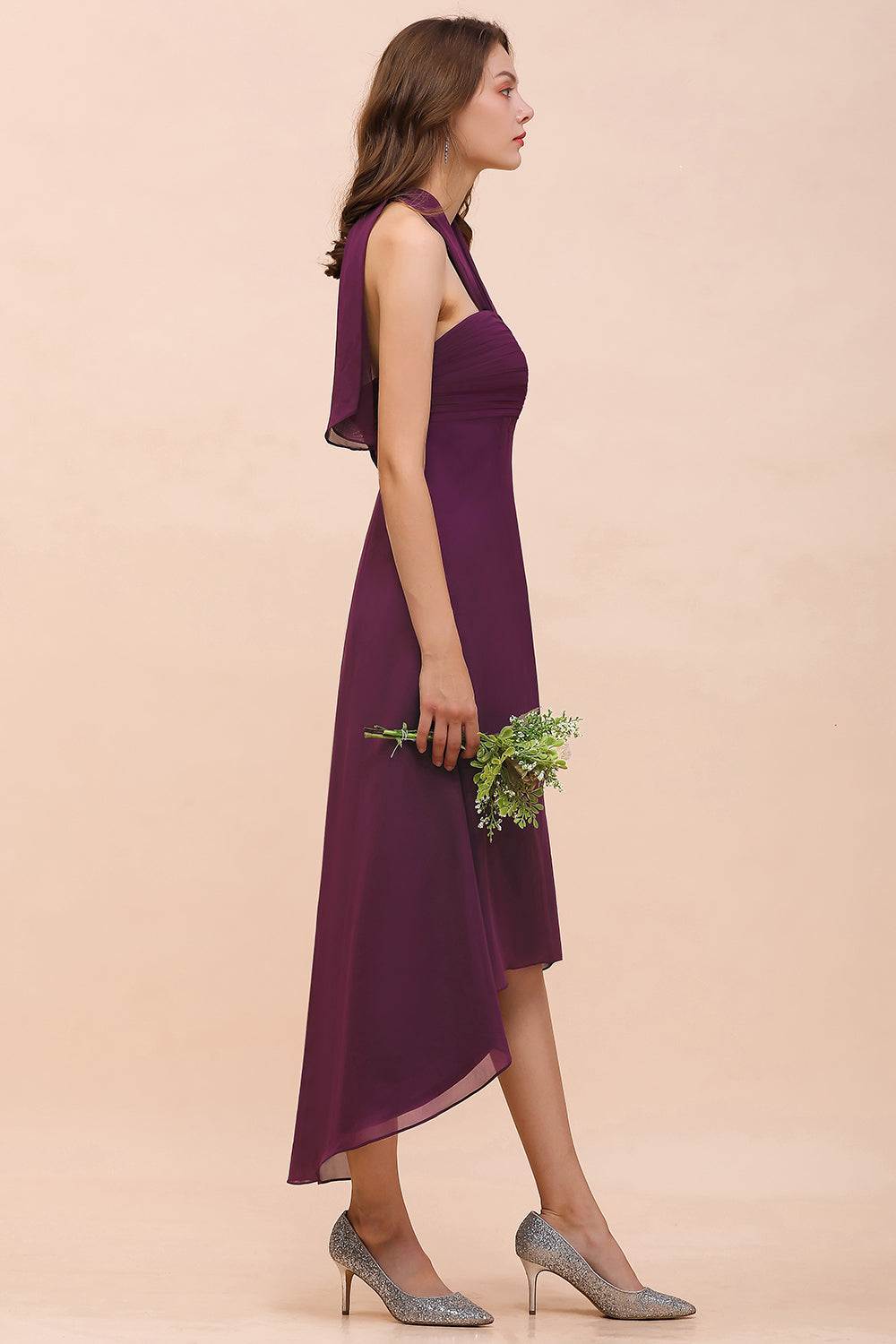 Stylish High Low A-line Halter Chiffon Grape Bridesmaid Dress